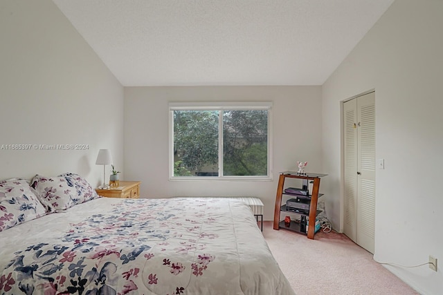 bedroom with lofted ceiling, a textured ceiling, a closet, and carpet