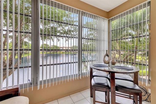 sunroom / solarium with a water view