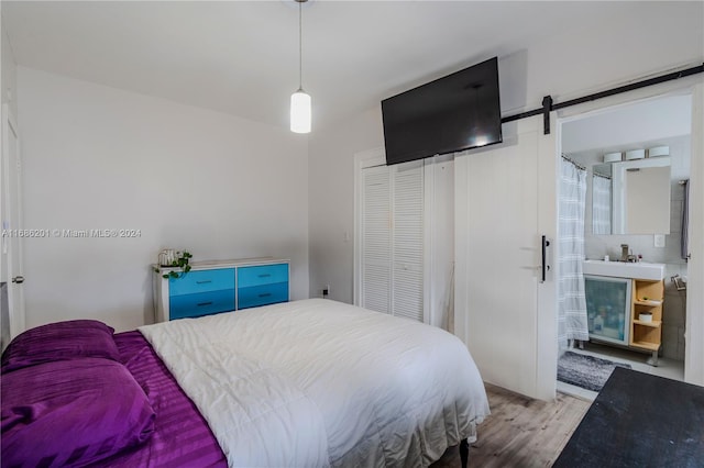 bedroom with a barn door, light hardwood / wood-style flooring, and a closet