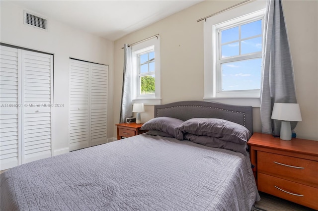 bedroom with multiple windows and two closets