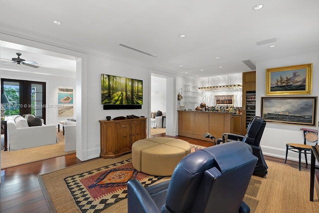 43 Star Island Dr, Miami Beach, FL 33139 - living room with ornamental molding, wood finished floors, recessed lighting, french doors, and ceiling fan