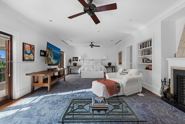 living room featuring ornamental molding, dark wood-type flooring, built in features, and ceiling fan