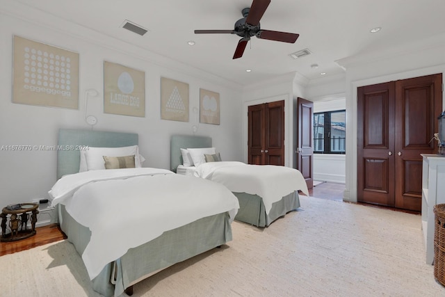 43 Star Island Dr, Miami Beach, FL 33139 - bedroom featuring wood finished floors, ornamental molding, a ceiling fan, and recessed lighting