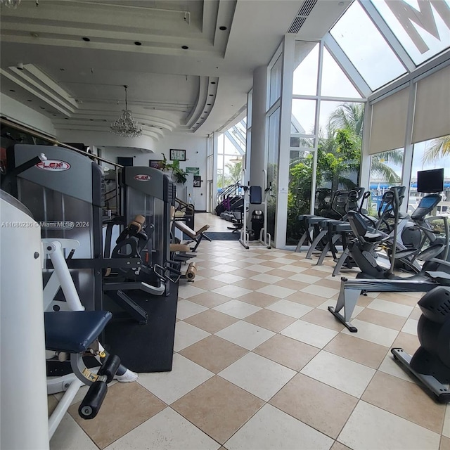 gym featuring a towering ceiling