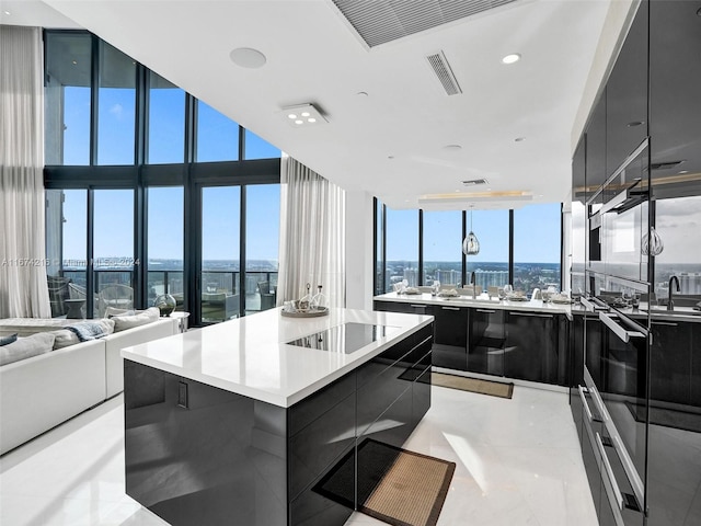 kitchen featuring a spacious island and a wall of windows