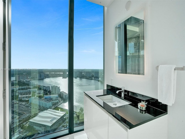 bathroom featuring a water view and sink