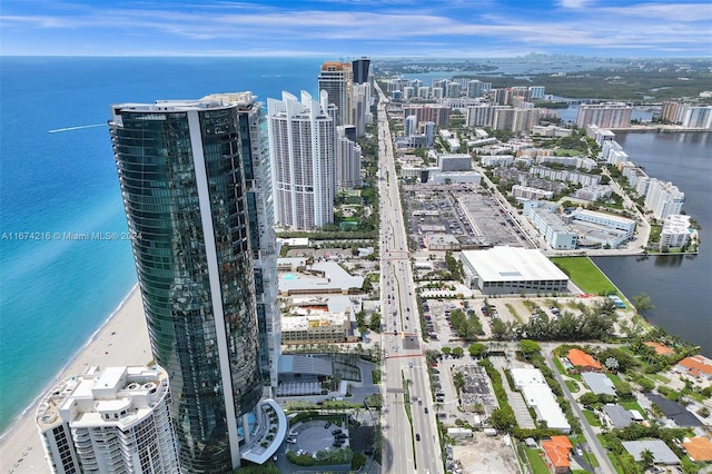 drone / aerial view with a water view and a beach view