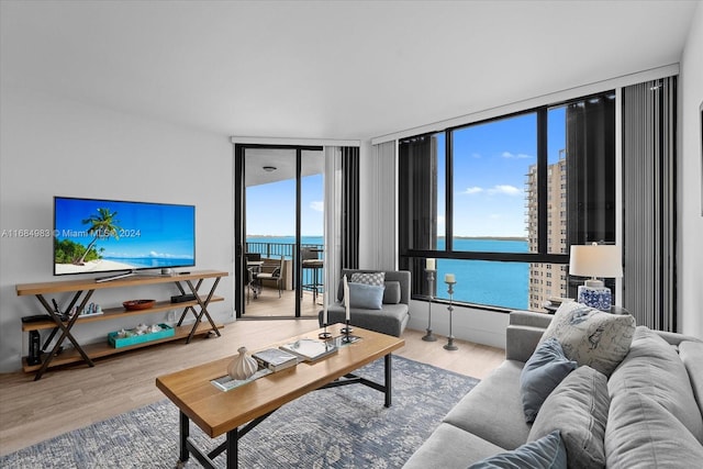 living room with floor to ceiling windows, light hardwood / wood-style flooring, and a water view