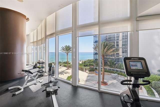 workout area featuring a wealth of natural light, a wall of windows, and a water view