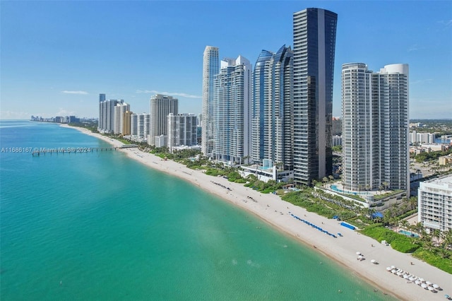 drone / aerial view with a beach view and a water view