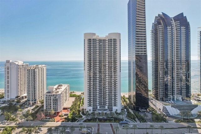 drone / aerial view with a water view and a view of the beach