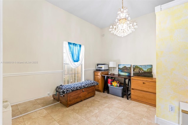 interior space with light tile patterned floors and an inviting chandelier