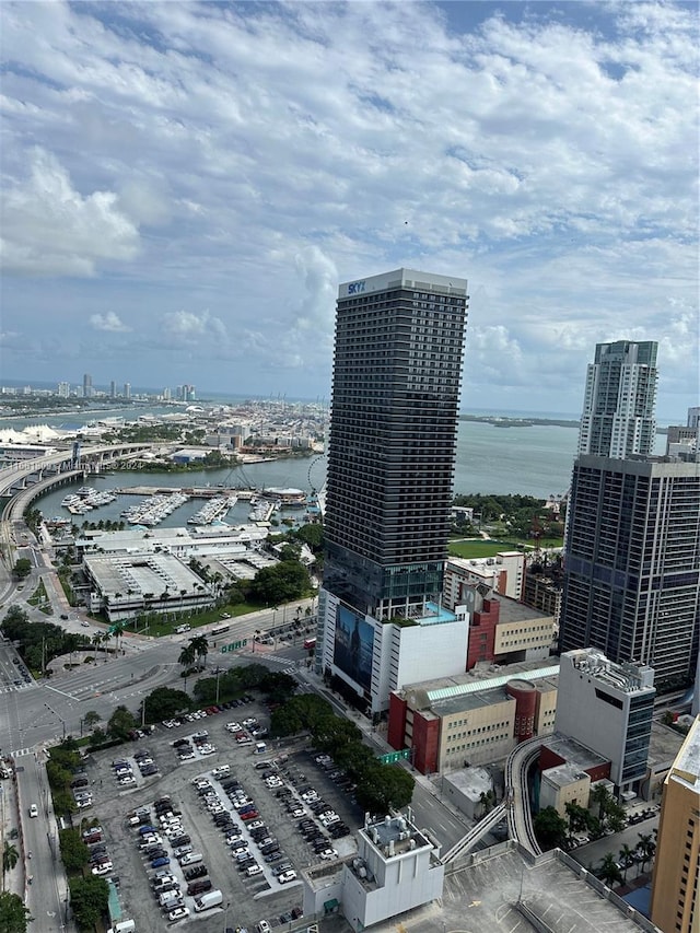 drone / aerial view with a water view