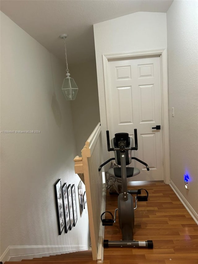 exercise room with lofted ceiling and hardwood / wood-style flooring