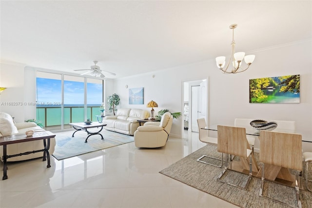 16699 Collins Ave Unit 2202, Sunny Isles Beach, FL 33160 - tiled living room with crown molding, expansive windows, a chandelier, and a ceiling fan