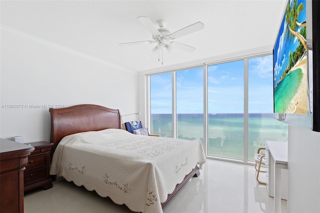 bedroom with ornamental molding, light tile patterned flooring, and ceiling fan