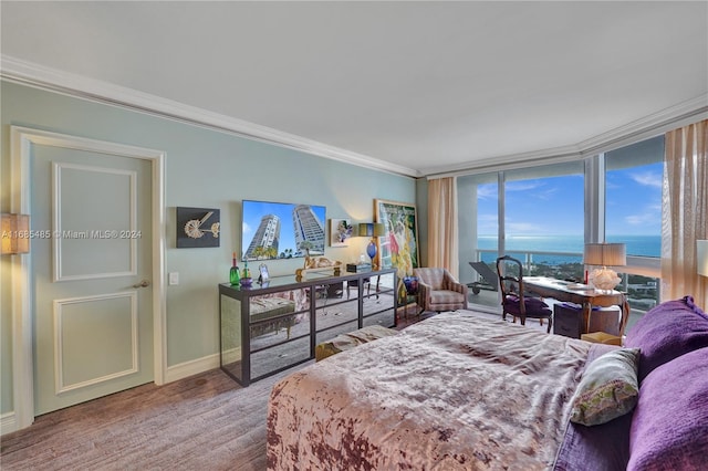 bedroom featuring a water view, crown molding, and wood-type flooring