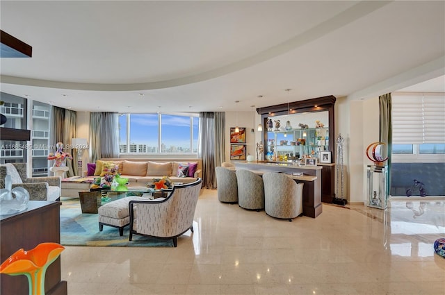 living room with indoor bar