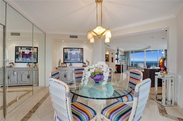 dining space with crown molding and a notable chandelier