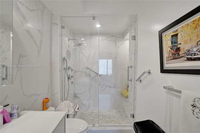 bathroom with vanity, toilet, and a shower with shower door