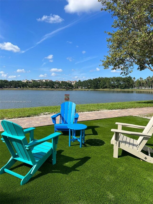 view of property's community with a lawn and a water view