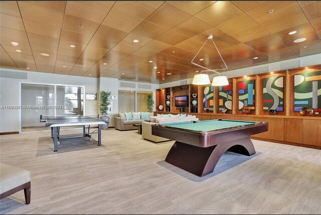 recreation room featuring light carpet and pool table