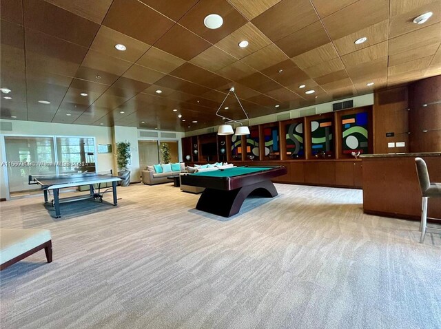 game room with billiards and carpet flooring