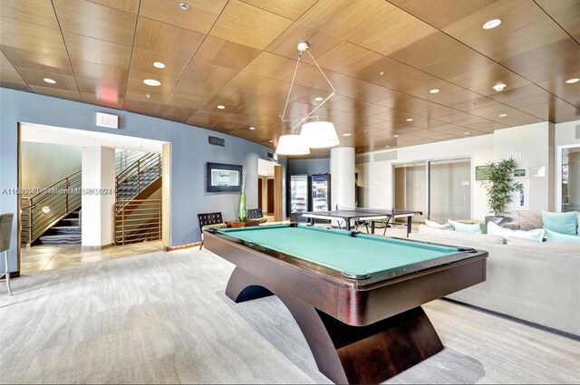 game room with light carpet and billiards