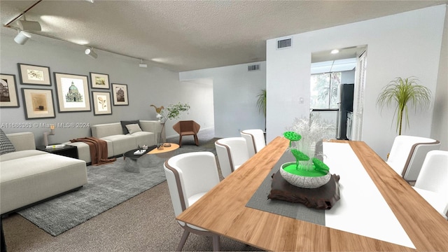 dining room with rail lighting, a textured ceiling, and carpet floors