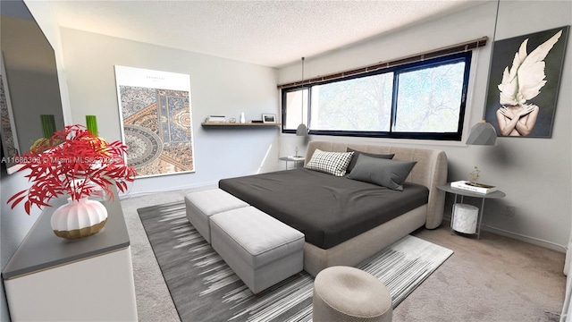 carpeted bedroom with a textured ceiling