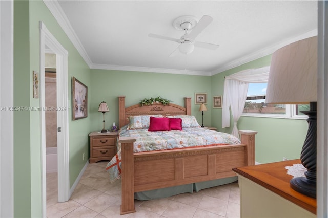 tiled bedroom featuring ceiling fan and ornamental molding