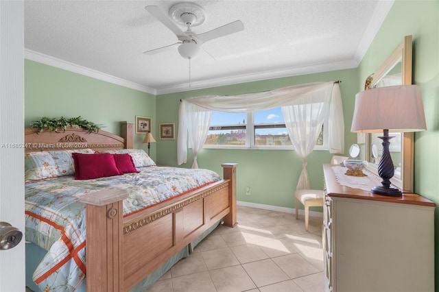 bedroom featuring ceiling fan, crown molding, a textured ceiling, and light tile patterned floors