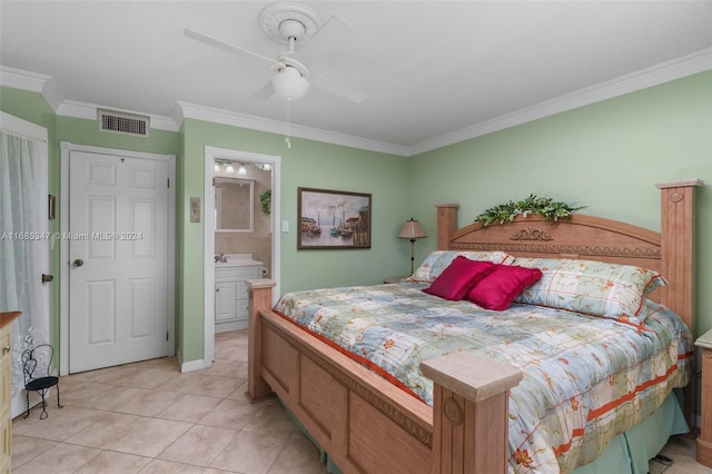 bedroom with ensuite bath, ornamental molding, light tile patterned floors, and ceiling fan