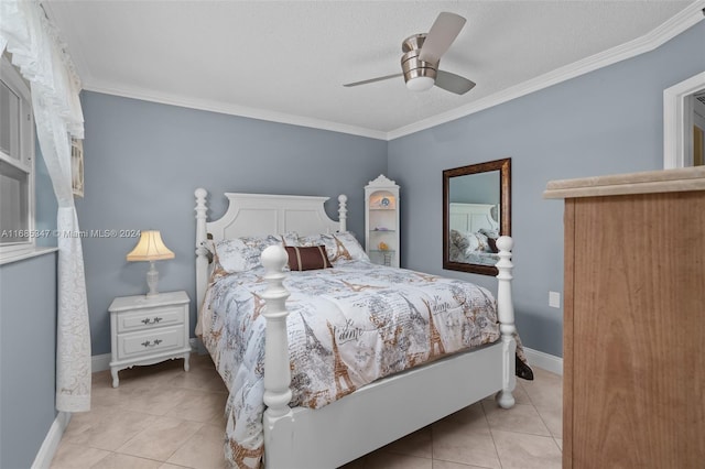 tiled bedroom with crown molding, a textured ceiling, and ceiling fan