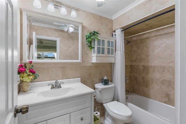 full bathroom with shower / bath combination with curtain, tile walls, toilet, vanity, and crown molding