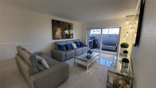 living room featuring crown molding