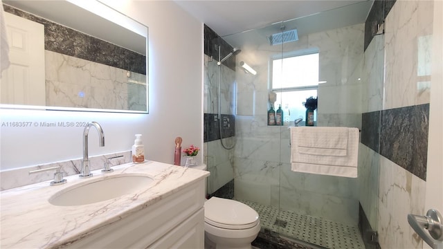 bathroom with vanity, a shower with shower door, and toilet