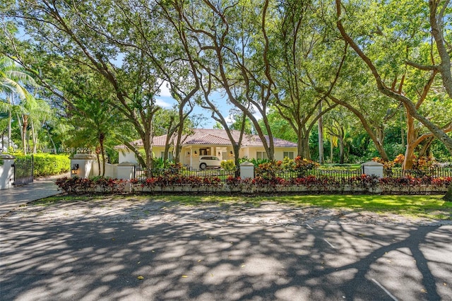 view of front of home with a fenced front yard, stucco siding, and a tile roof