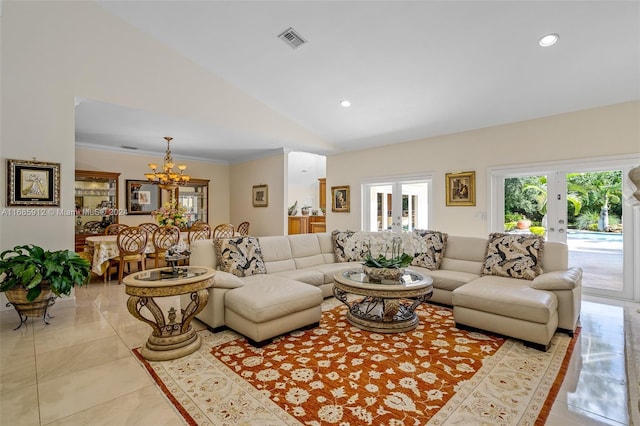living area featuring visible vents, lofted ceiling, light tile patterned flooring, french doors, and a notable chandelier