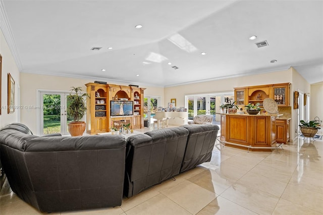 living room with french doors, ornamental molding, visible vents, and recessed lighting