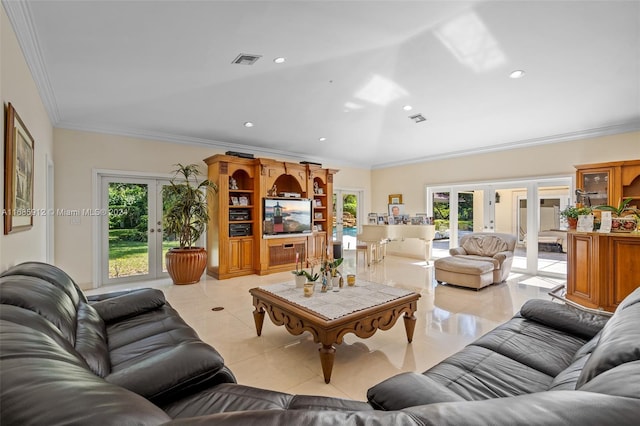living area with french doors, plenty of natural light, and visible vents