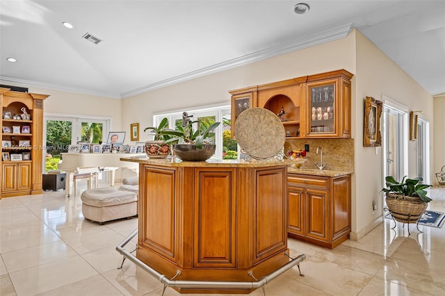 bar with crown molding, visible vents, recessed lighting, tasteful backsplash, and vaulted ceiling