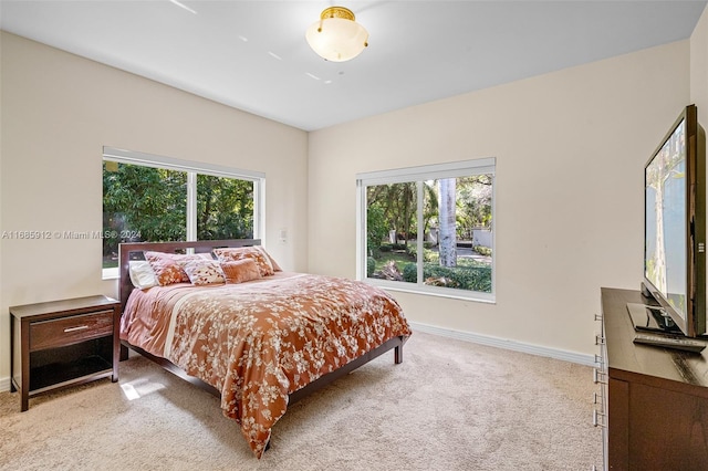bedroom featuring baseboards, multiple windows, and light carpet