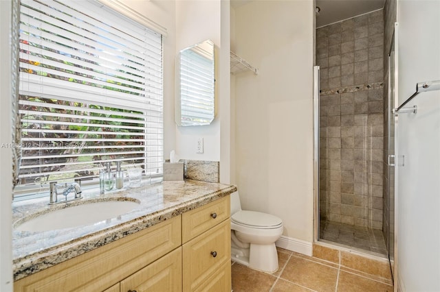 bathroom featuring vanity, tile patterned floors, toilet, and a shower stall
