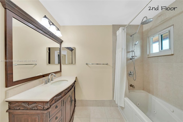 bathroom featuring vanity, shower / tub combo, and tile patterned flooring