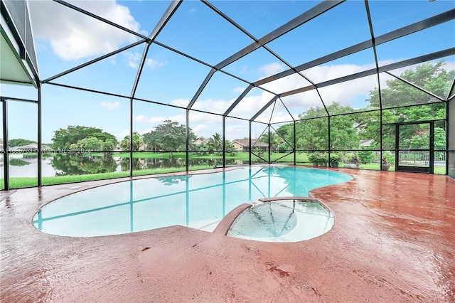 view of swimming pool featuring a patio area, a water view, and glass enclosure