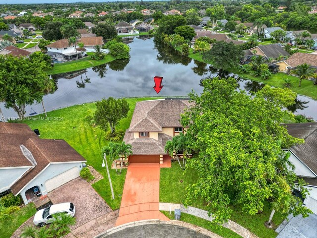 drone / aerial view featuring a water view