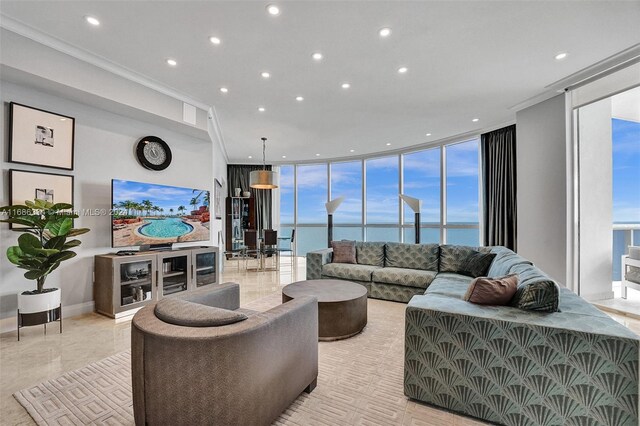 living room with expansive windows and crown molding