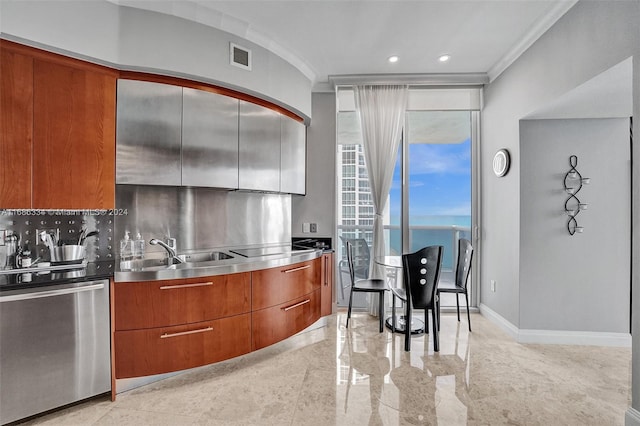 kitchen with decorative backsplash, stainless steel counters, dishwasher, crown molding, and sink