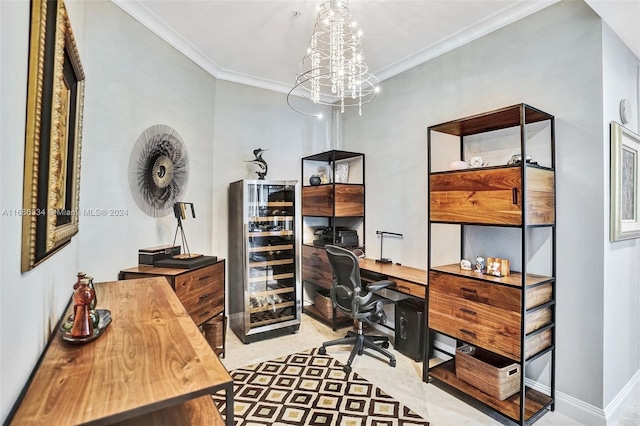 office featuring crown molding, wine cooler, and a chandelier